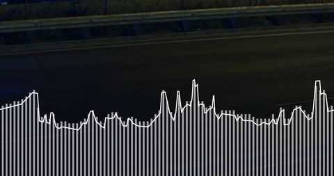 Night Highway Overlaying Audio Waveform and Vertical Bar Graph on Dark Asphalt Road