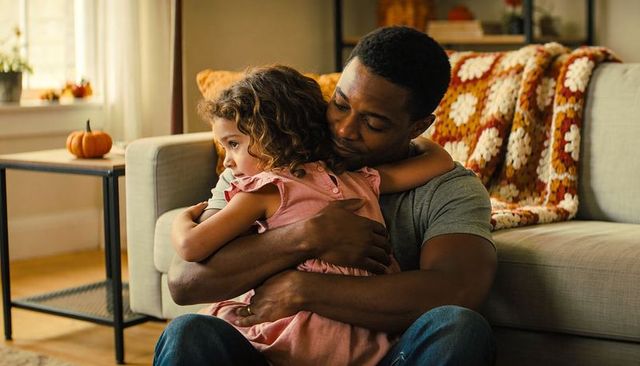 Black father hugging daughter on couch in cozy autumn living room, warm family moment