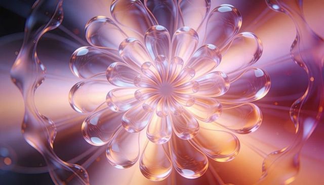 Luminescent glass teardrop flower with radial prism bokeh — abstract crystal render