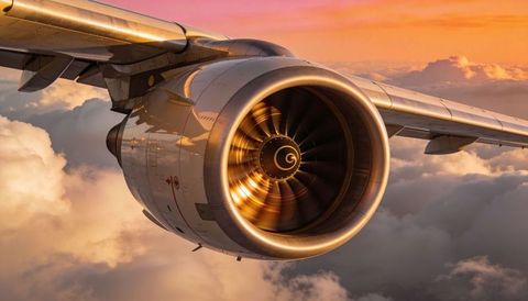 Turbofan engine spinning over cloud layer at sunset on commercial jet wing with sunlit fan blades