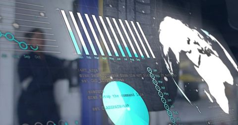 Transparent Glass Dashboard Displaying Global Metrics, Bar and Pie Charts, Code Overlay