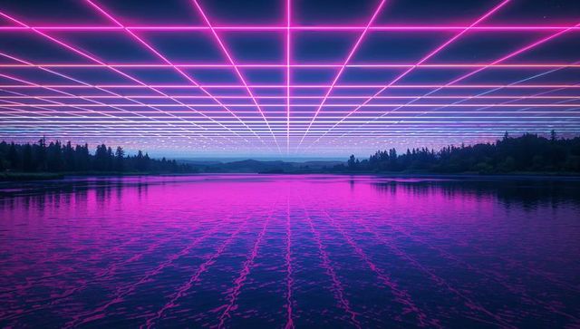 Neon magenta grid stretching across calm lake at dusk with reflective futuristic horizon