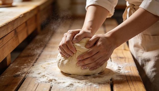 Artisan baker kneading bread dough on floured wooden workbench rustic kitchen closeup