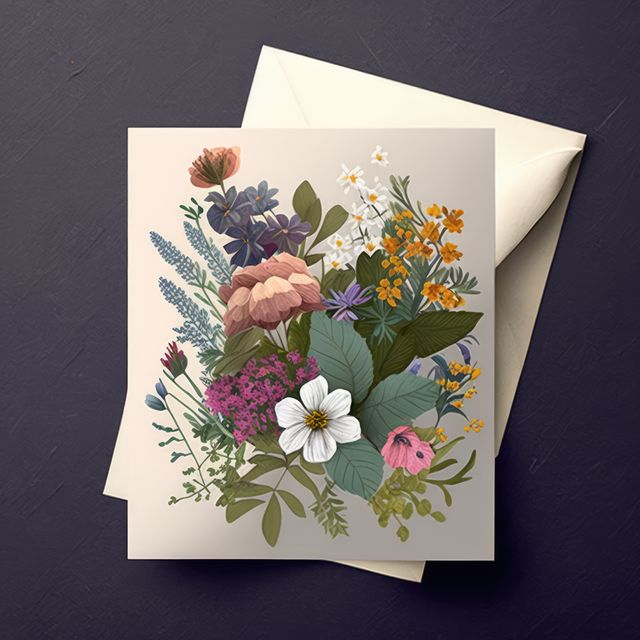 Botanical greeting card featuring a detailed illustration of various flowers placed on a dark purple surface. Perfect for occasions such as birthdays, weddings, and thank you notes. Useful for social media posts, e-cards, and printable artistic designs.