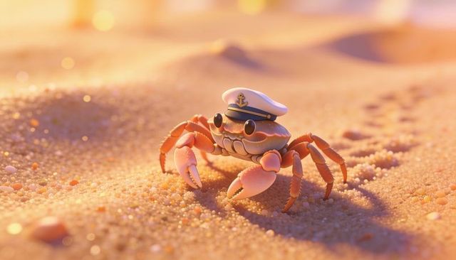Cute captain crab wearing sailor hat on golden sand with pebble tracks and dunes