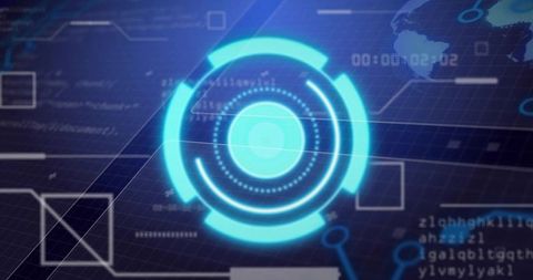 Rotating Cyan Holographic HUD Hovering Above Dark Grid Showing Code and Timer
