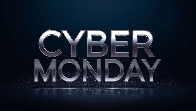 Shining chrome cyber monday typography featuring reflective spotlight and sparkling floor