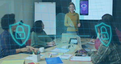 Business Presentation with Digital Security Interface Overlay