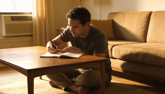 Man writing in notebook at low coffee table on living room floor in warm sunlight