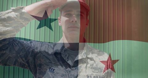 US Air Force Airman Saluting with Tricolor Flag Overlay Military Portrait for Patriotism