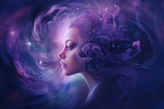 Enchanting artwork featuring profile of a woman blending into cosmos; perfect for digital art, fantasy projects, sci-fi book covers, and meditation apps.