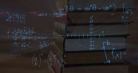 Mathematics Equations Overlaid on Stack of Books