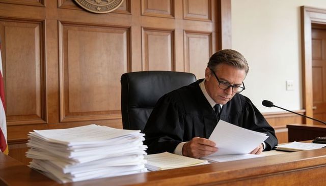Judge reviewing case files at wood-panelled bench, sorting stacks of legal documents