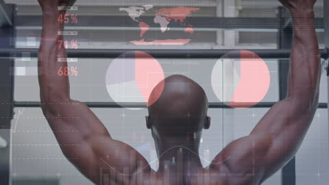 Fit Man Training in Gym with Futuristic Data Visualization Overlay