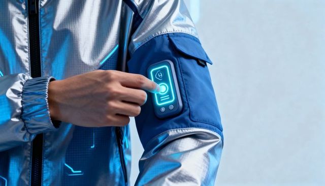 Futuristic smart jacket featuring touchscreen control panel on sleeve for wearable tech fashion