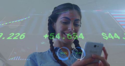Businesswoman Overlaid with Financial Data Using Smartphone
