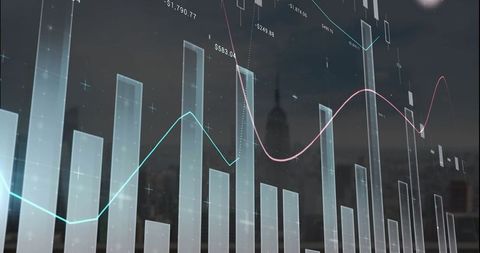 Digital financial bars and trend lines over urban skyline