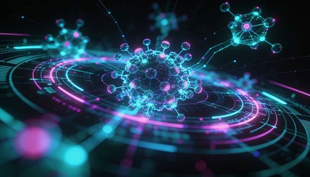 Neon holographic virus network rotating with data rings and digital filaments