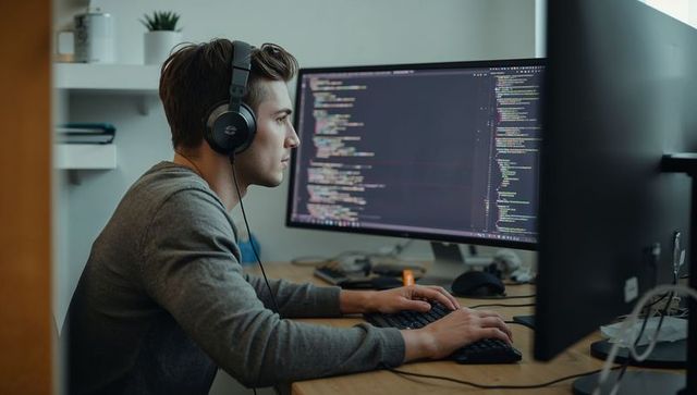 Software developer coding on dual monitors in home office