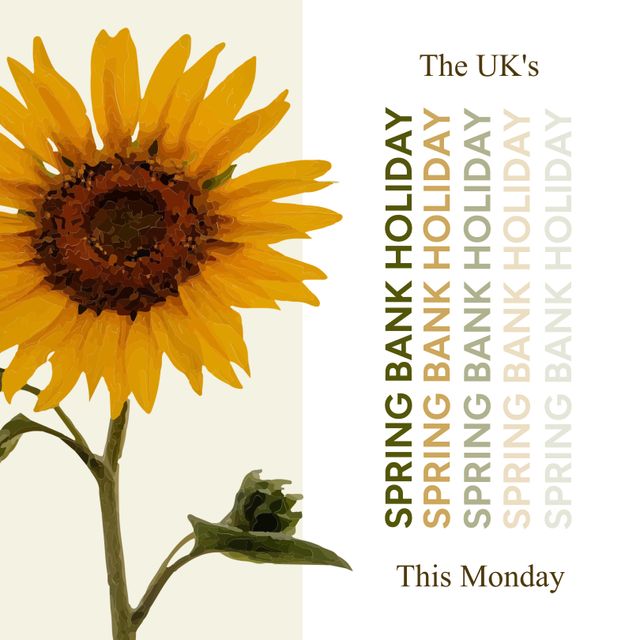 Bright illustration perfect for announcing the UK’s Spring Bank Holiday. The cheerful sunflower lends a festive feel ideal for posters, greeting cards, social media graphics, and holiday promotions.