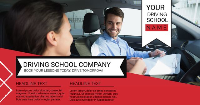 Driving instructor teaching student inside car while filling out a checklist on clipboard. Ideal for use by driving schools for advertisement and promotional purposes. Can be personalized for marketing driving lessons, driving test preparation, and attracting new students. Suitable for print and digital flyers, online ads, or posters.