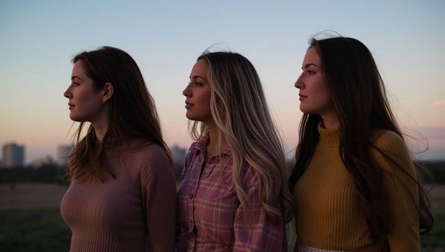 Three women standing in field at dusk facing left friends portrait in golden hour light