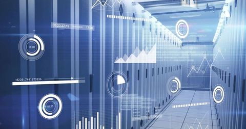 Futuristic Server Room with Digital HUD Data Analytics Overlays