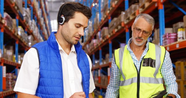 Portrait of caucasian men working in warehouse with copy space. Shipping, delivery, business, start up, office, work and professionals concept, unaltered.
