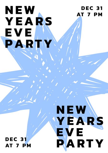Stylish New Year's Eve party invitation featuring a blue star decoration and bold text. Suitable for promoting New Year's Eve events, parties, and celebrations. Modern design appeals to a wide audience. Ideal for social media posts, digital flyers, and event reminders.