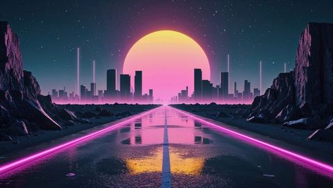 Futuristic neon highway leading to sci-fi city