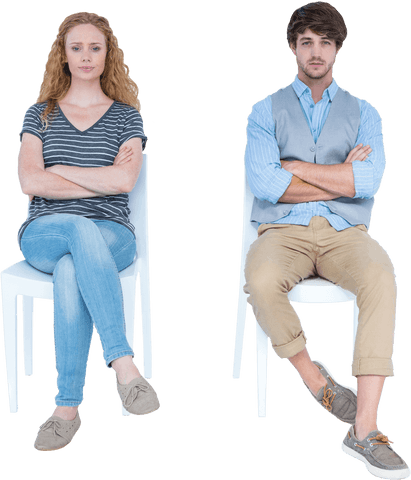 A young couple is sitting on white chairs against a transparent background. Both appear to be upset, with arms crossed, signifying miscommunication or disagreement. This image is ideal for depicting conflict in relationships for articles or promotional material. Perfect for illustrating topics on relationship counseling or conflict resolution strategies.