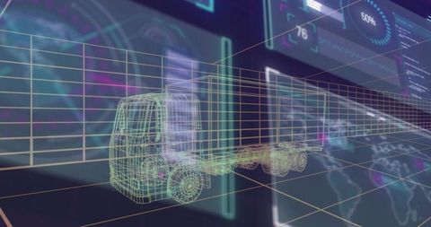 3d wireframe truck moving on futuristic holographic logistics dashboard ui