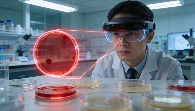 Scientist Analyzing Petri Dishes with Augmented Reality Hologram in Modern Laboratory