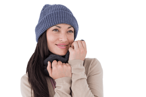 Brunette Woman Smiling Wearing Warm Sweater and Hat on Transparent Background