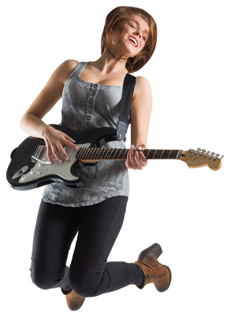 Young Woman Playing Guitar and Jumping in the Air Transparent Background - Download Free Stock Videos Pikwizard.com