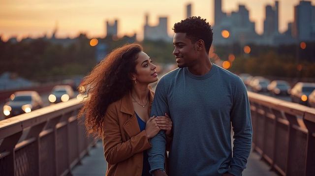 Couple Walking Linked Arms on Urban Bridge at Sunset Golden Hour Romantic Evening City Bokeh