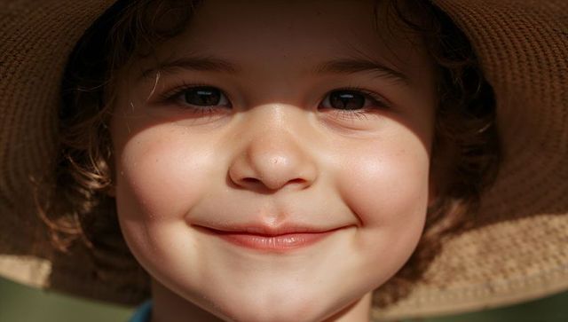 Smiling child wearing wide-brim straw hat showing dimples and sunlit smile in garden