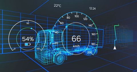 Digital dashboard display over lorry interface with futuristic insights