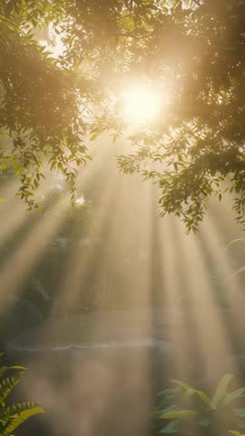 Morning Sunlight Beaming Through Tree Canopy, Casting Golden Misty Rays — Vertical Video