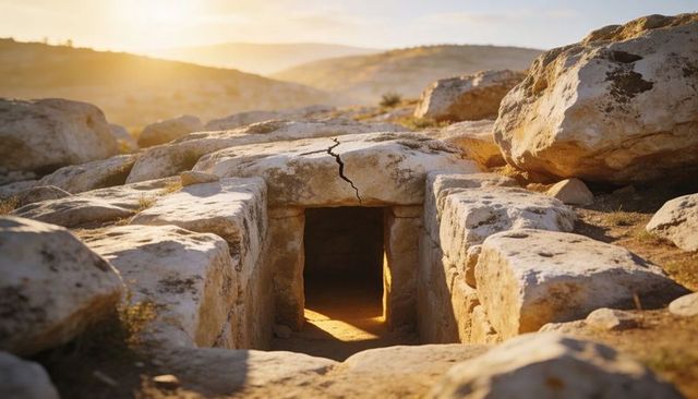 Bathing in golden light ancient rock-cut tomb entrance with cracked capstone on arid hills