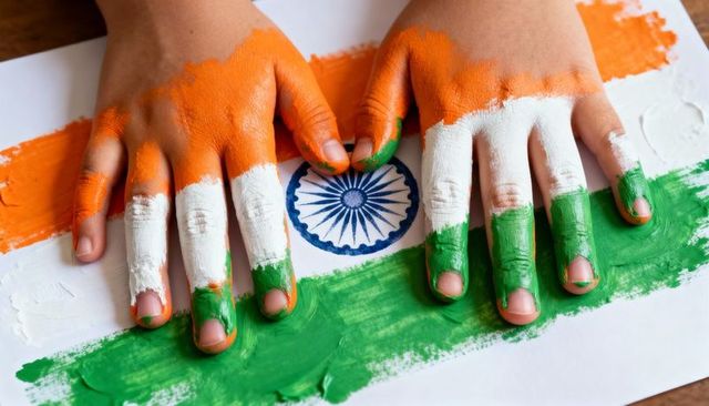 Child hands painted in indian tricolor pressing onto paper featuring ashoka chakra