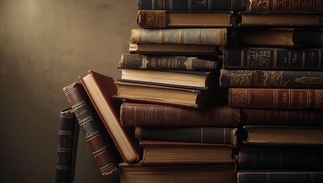 Stacking Vintage Leather and Cloth Hardcover Books with Open Red Volume and Gilt Spines