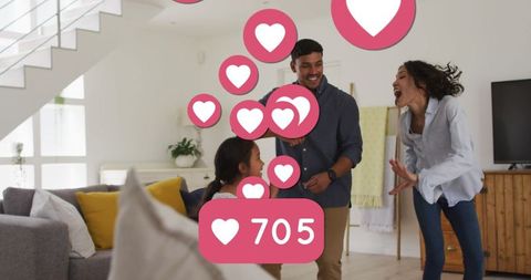 Happy Family Dancing Together with Social Media Likes Overlay