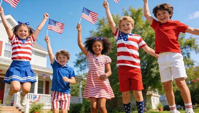 Kids jumping and waving american flags celebrating fourth of july in suburban yard