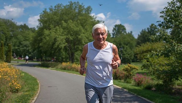 Active senior man jogging on paved park path during sunny day wearing fitness tracker