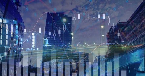 Data processing overlay on urban skyline