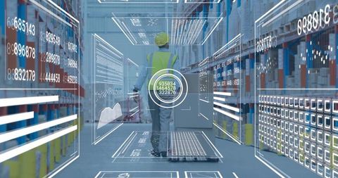 Warehouse worker walking with trolley through augmented reality logistics HUD and racking