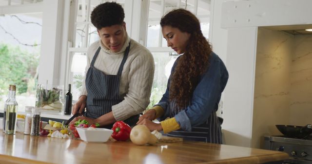 Image of happy biracial couple preparing meal together - Download Free Stock Photos Pikwizard.com