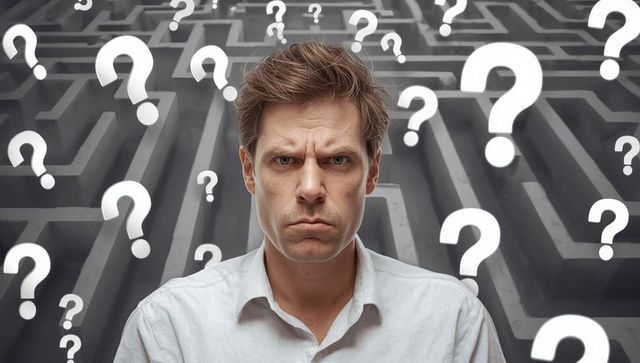 Man Facing Life’s Challenges in 3D Maze with Floating Question Marks