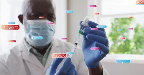 Doctor Preparing Vaccine Dose with Digital Data Overlay in Exam Room